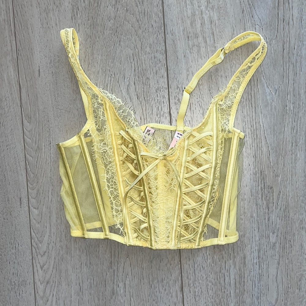 NWT small yellow Victoria’s Secret dream Angels lingerie corset top!